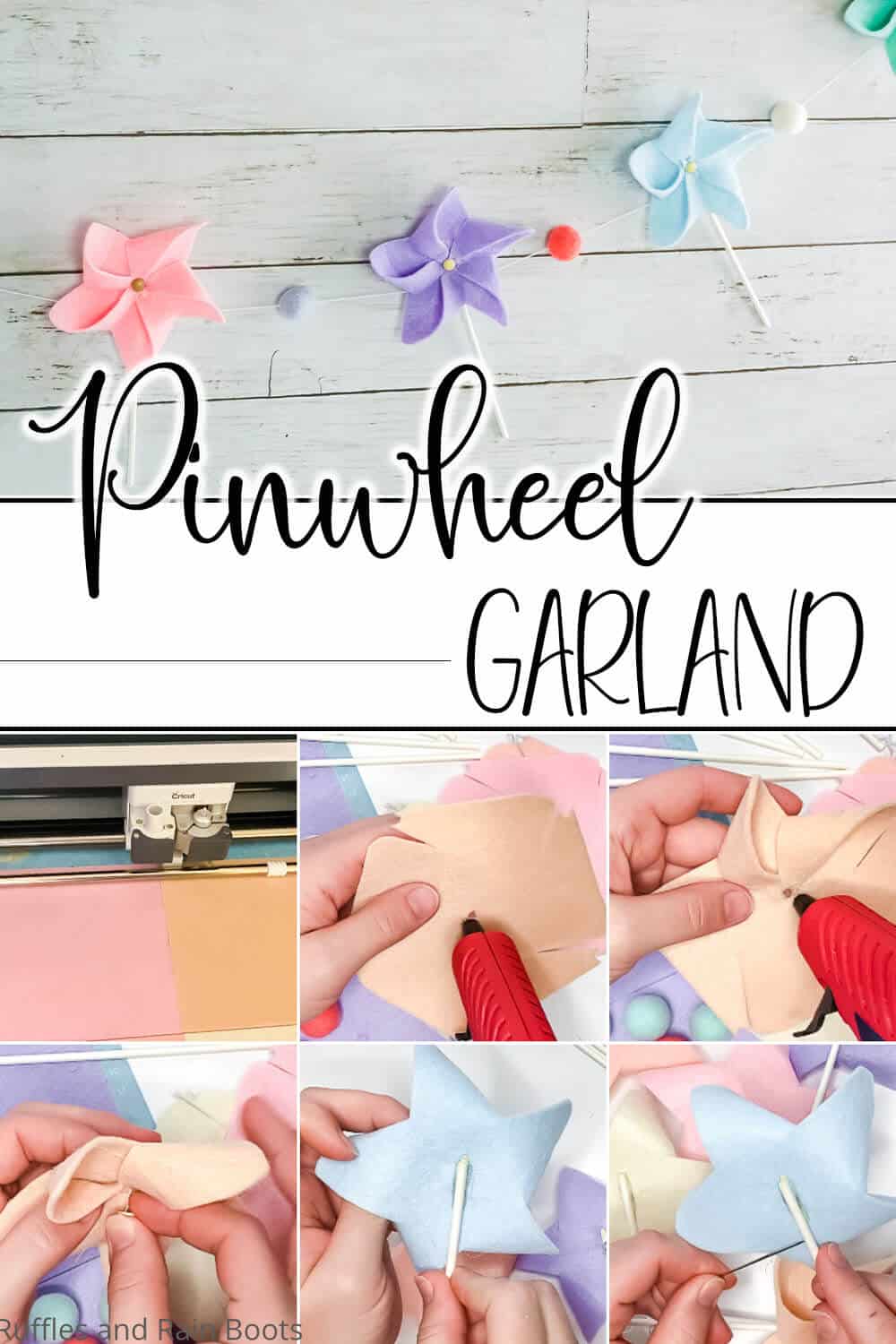 photo collage of easy DIY pinwheel craft for kids with text which reads pinwheel garland