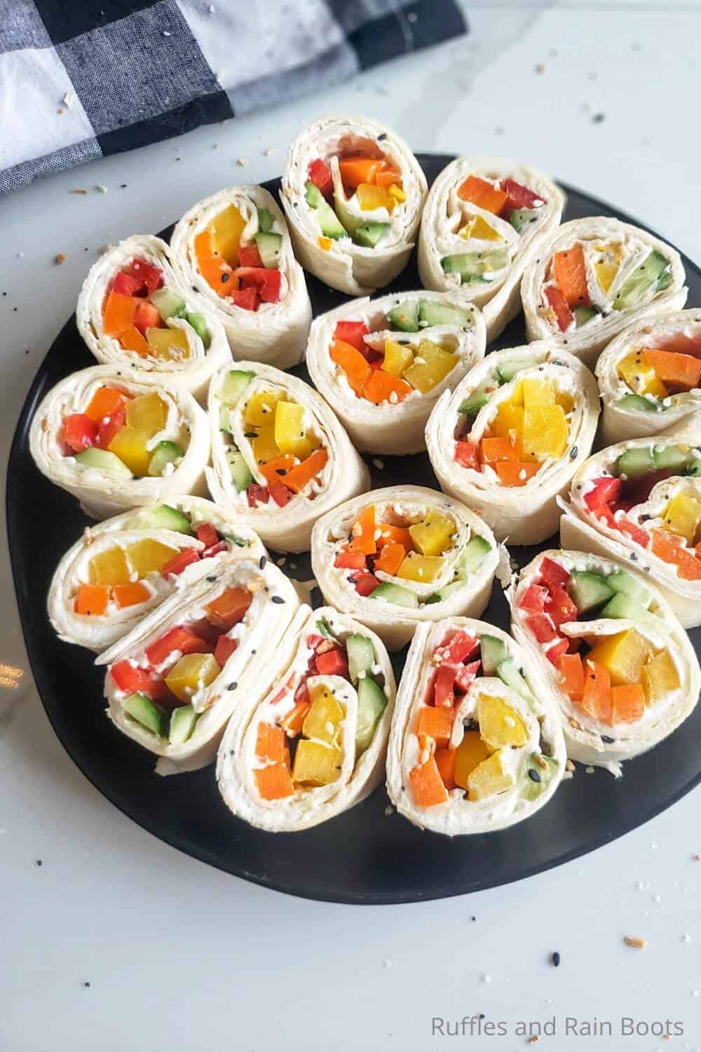 overhead view of easy veggie pinwheel sandwich lunch or appetizer recipe