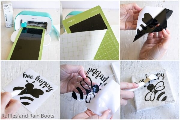 photo collage of how to make a bee mini canvas with the cricut joy