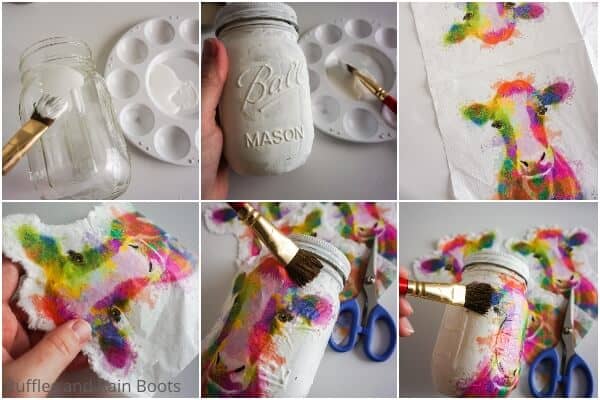 photo collage of how to make a farmhouse mason jar with a decoupaged napkin