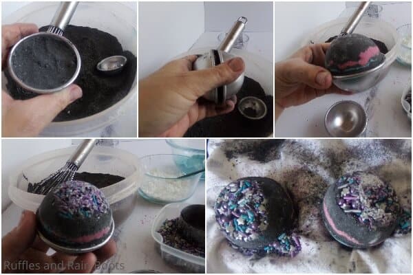 photo collage of how to make bath bombs with a galaxy theme with sprinkles