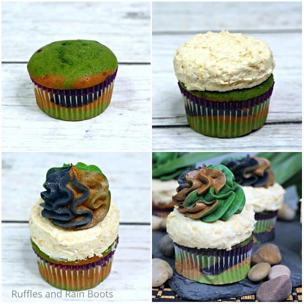 photo collage tutorial of how to make jungle cruise cupcakes
