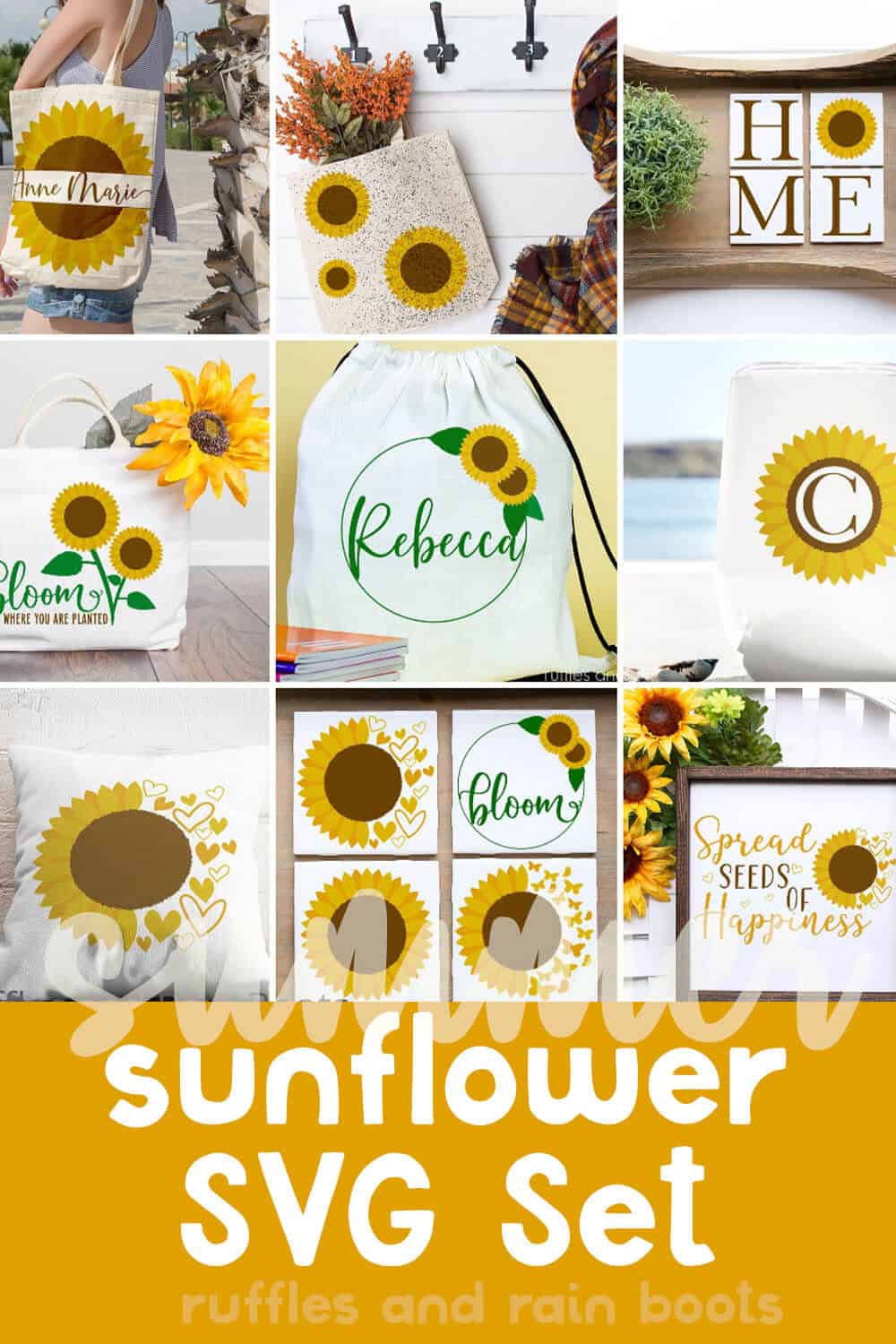 photo collage of summer sunflower cut files with text which reads summer sunflower svg set