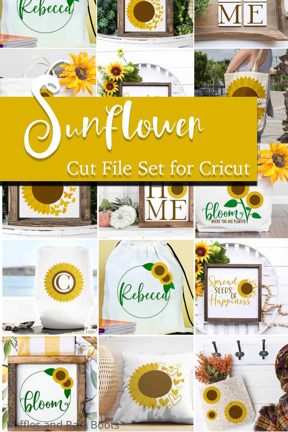 photo collage of pretty sunflower summer crafts with text which reads sunflower cut file set for cricut