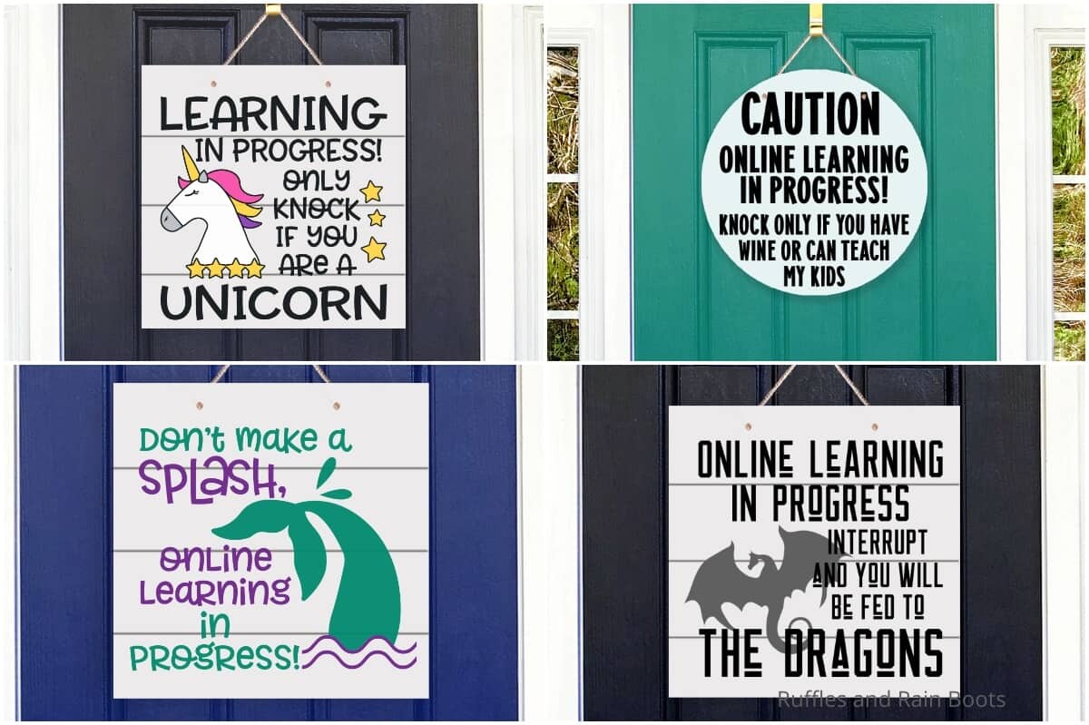 photo collage of distance learning signs for a front door