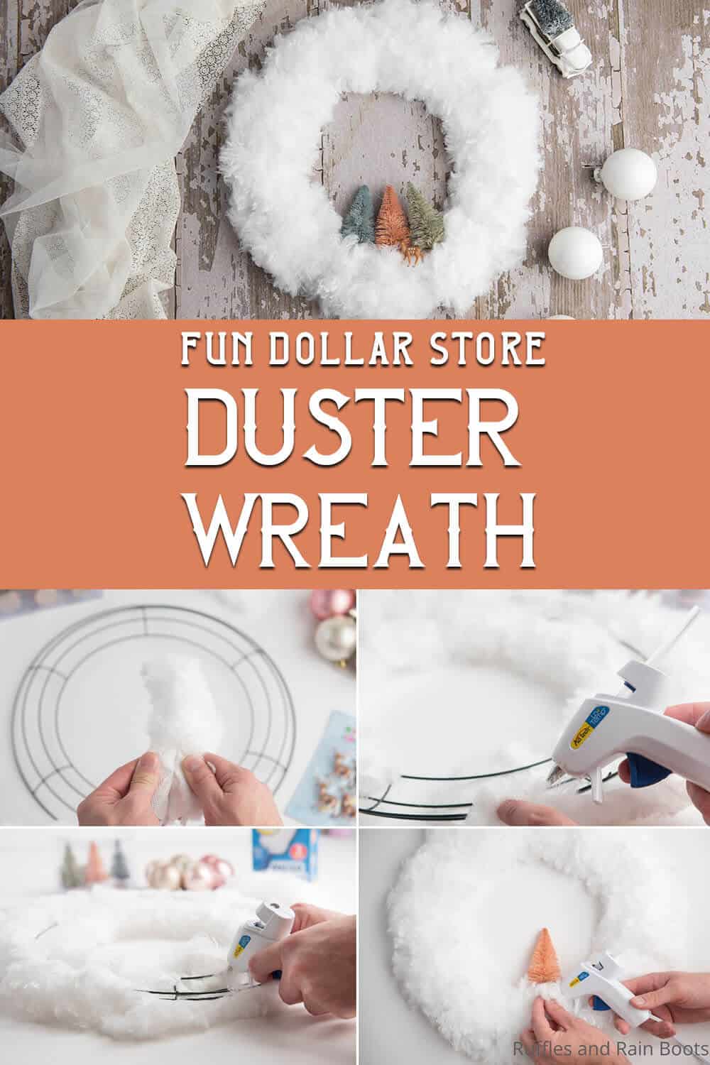 photo collage of easy dollar store wreath with text which reads fun dollar store duster wreath