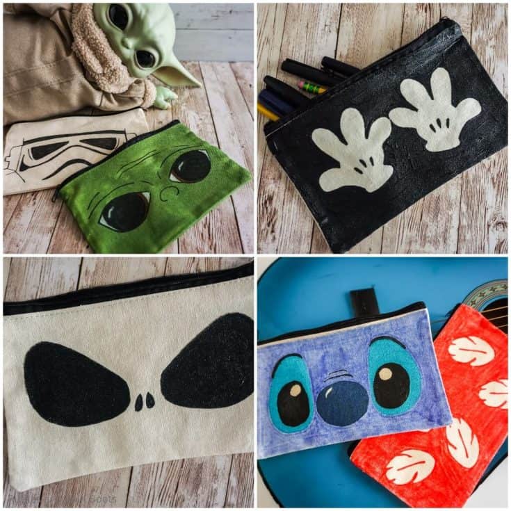 photo collage of easy diy disney cosmetic bags