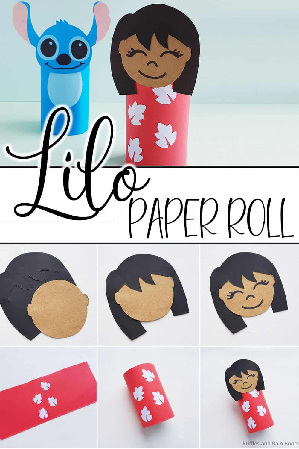 photo collage of easy lilo paper roll craft for kids with text which reads lilo paper roll