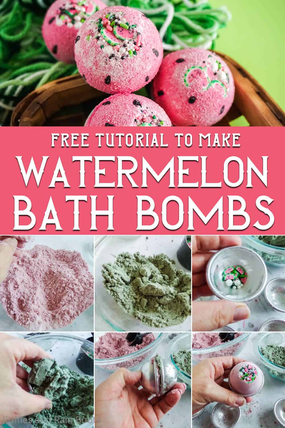 photo collage of easy watermelon scented bath bombs with text which reads free tutorial to make watermelon bath bombs