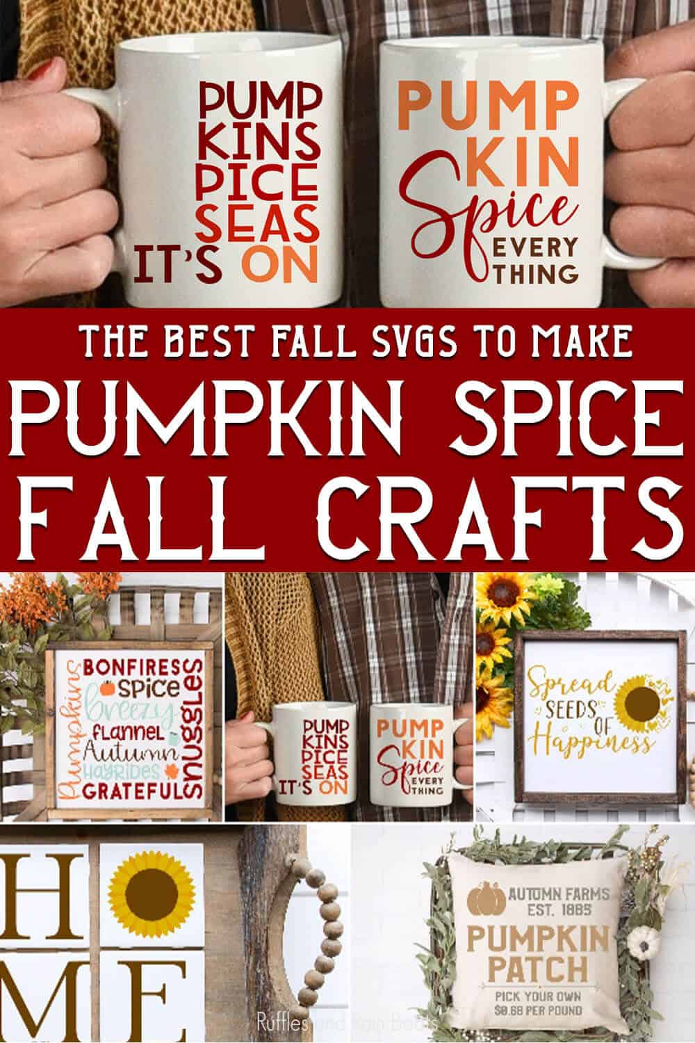 photo collage of fun fall clipart for fall crafting ideas with text which reads the best fall svgs to make pumpkin spice fall crafts