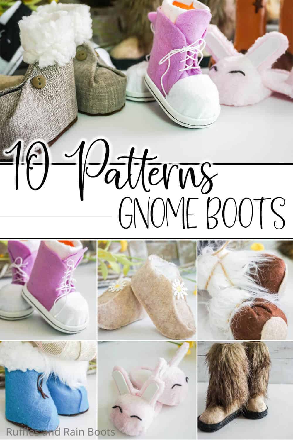 photo collage of easy gnome shoe patterns with text which reads 10 patterns gnome boots