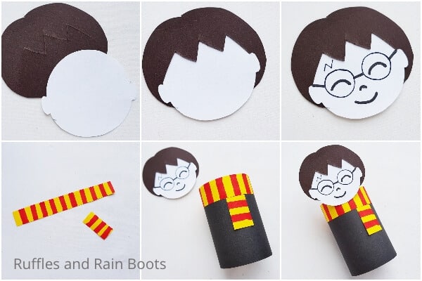 photo collage of easy paper roll craft for kids with harry potter