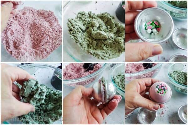 photo collage tutorial of how to make watermelon scented bath bombs