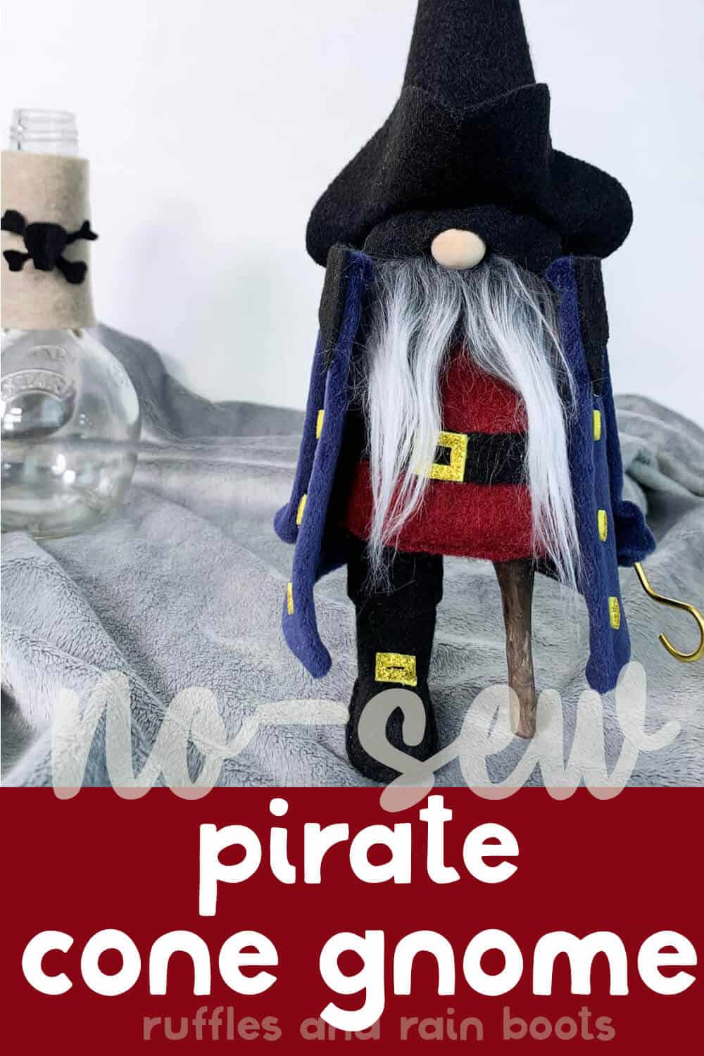 front view of a pirate halloween gnome with text which reads no-sew pirate cone gnome