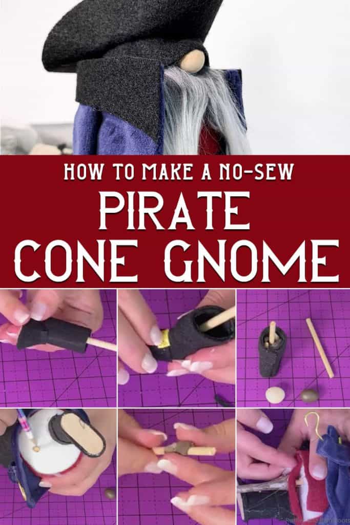 photo collage of pirate cone gnome with text which reads how to make a no-sew pirate cone gnome