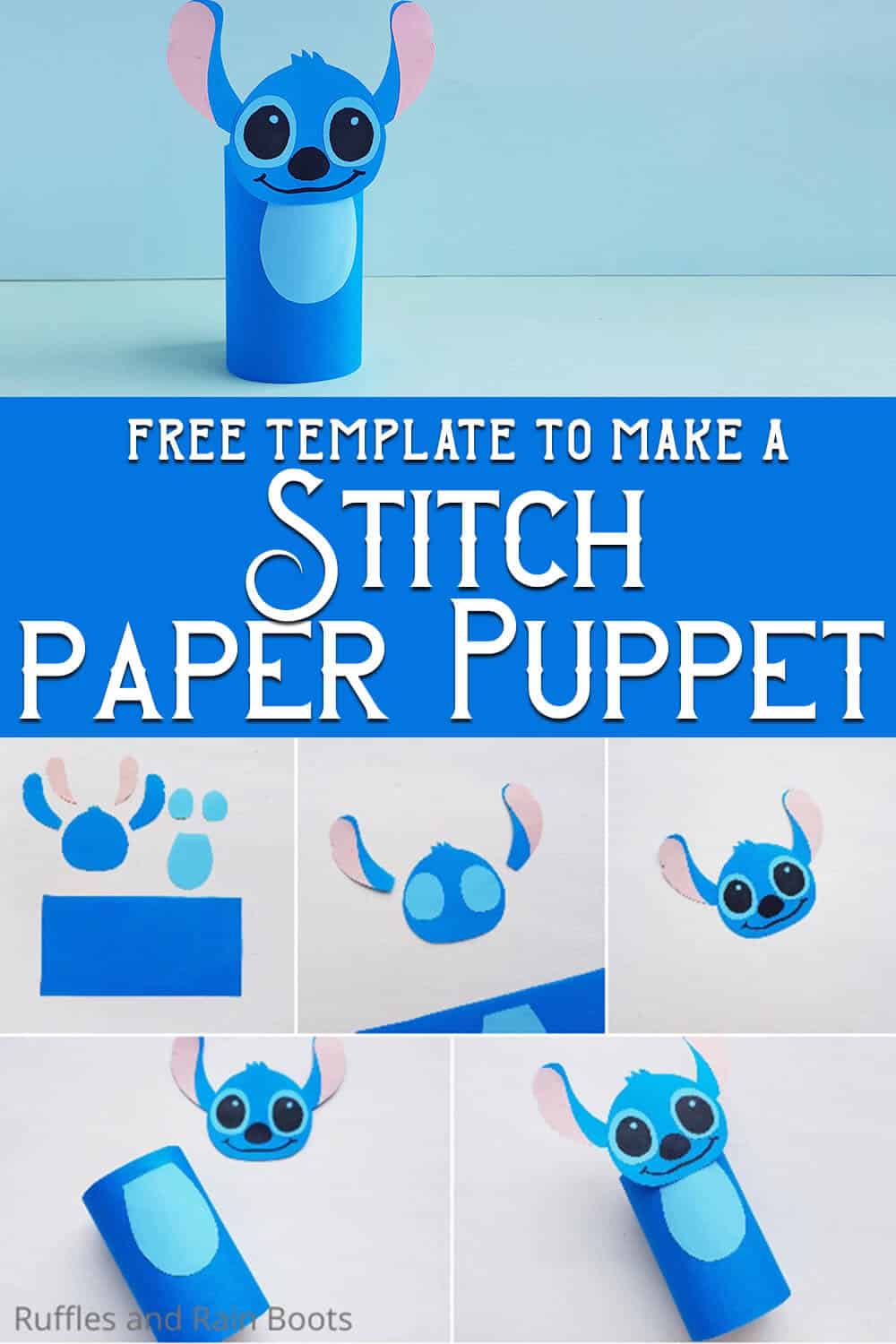 photo collage of how to make a paper roll stitch doll with text which reads free template to make a stitch paper puppet
