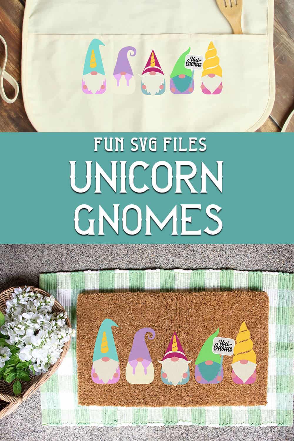 photo collage of easy weed unicorn gnome cut files wih text which reads fun SVG files unicorn gnomes