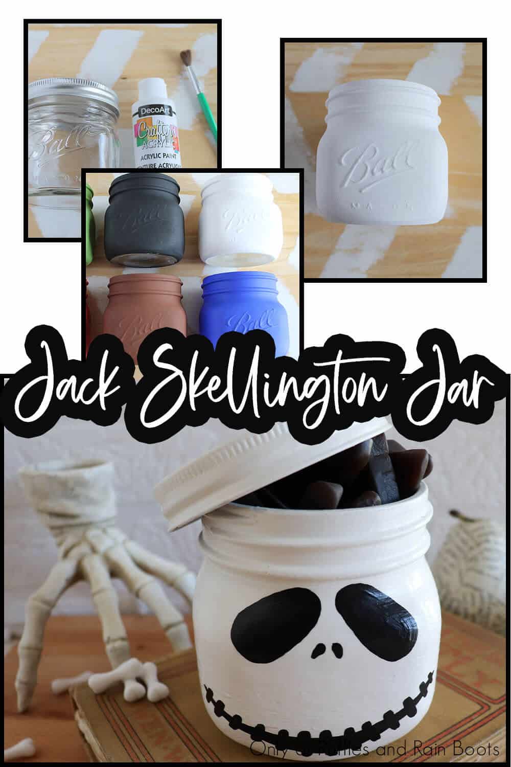 photo collage of easy painted jar for a halloween luminary project with text which reads jack skellington jar