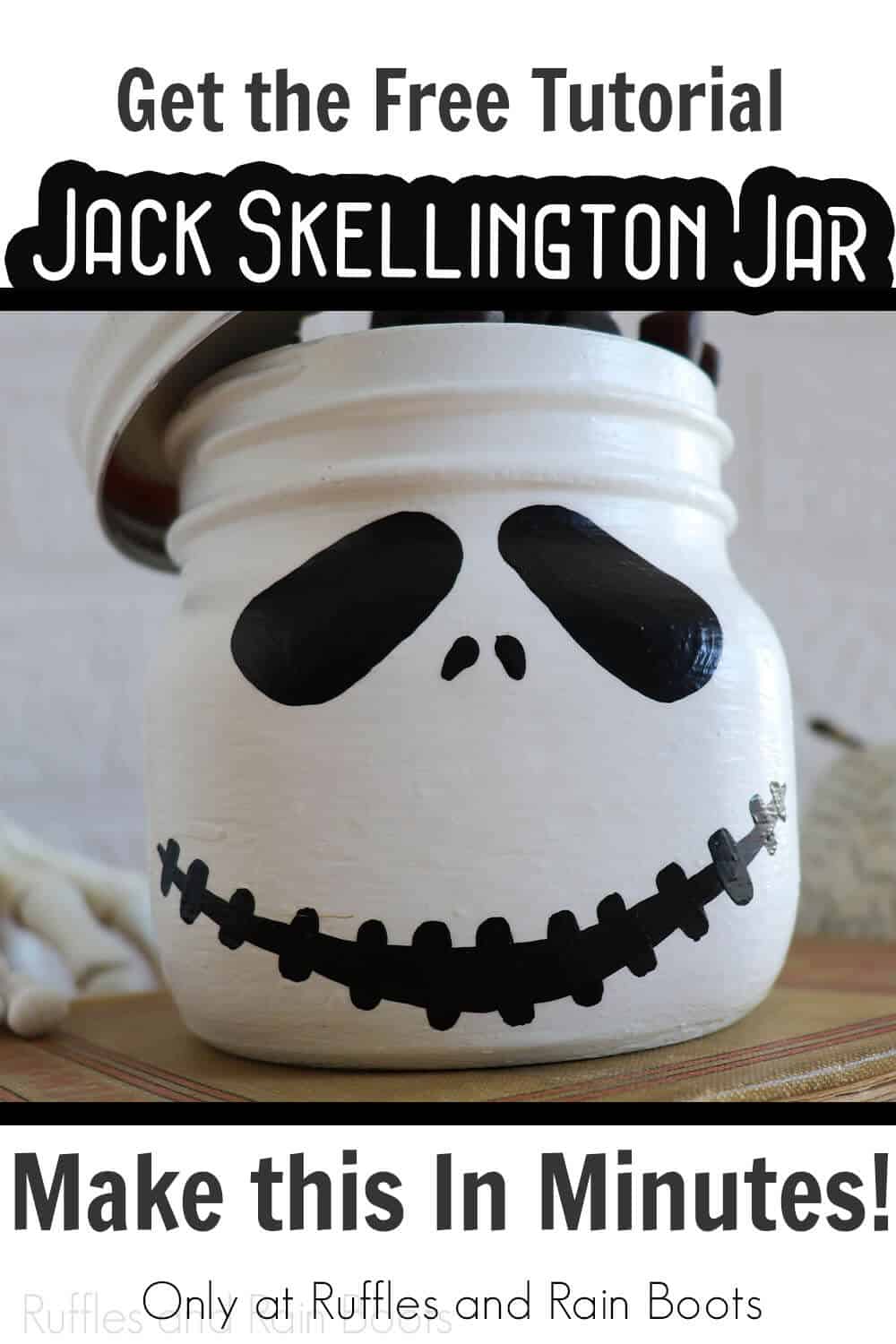 easy halloween craft for the nightmare before christmas with text which reads get the free tutorial jack skellington jar make this in minutes!