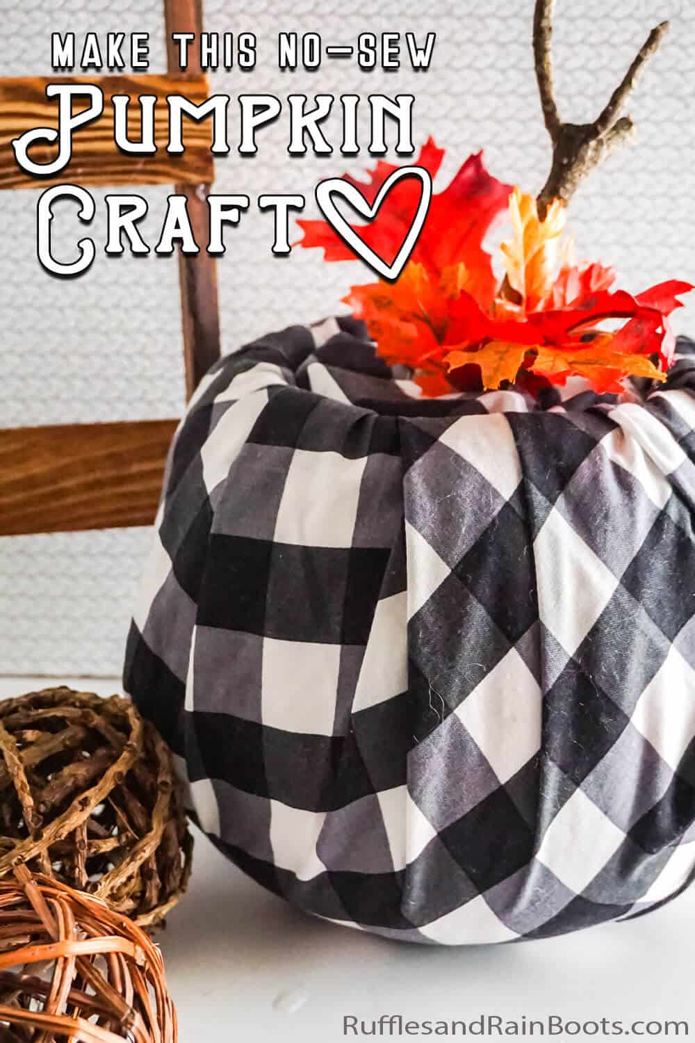 DIY buffalo check pumpkin with text which reads make this no-sew pumpkin craft