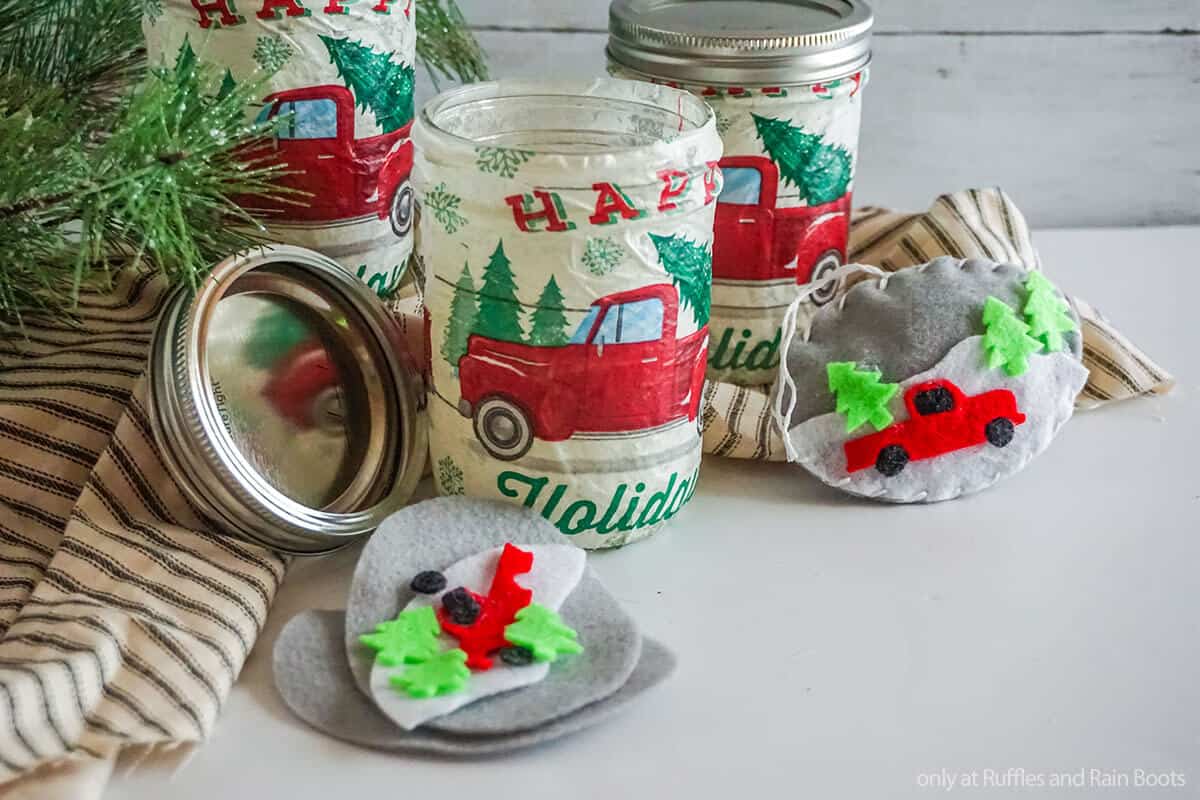 red christmas farm truck ornament DIY kit in a mason jar gift idea