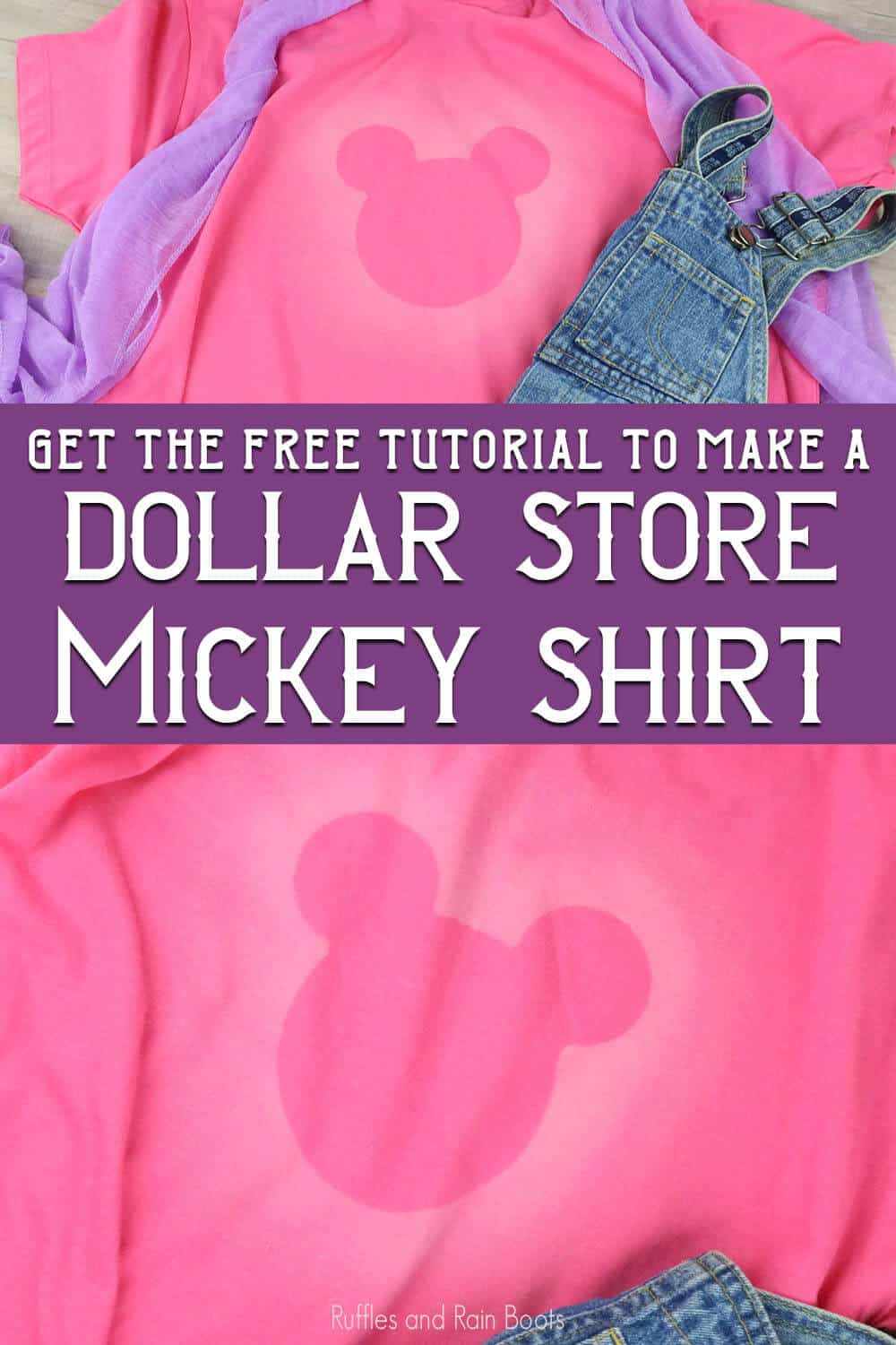 photo collage of easy dollar store craft to make a mickey mouse shirt with bleach with text which reads get the free tutorial to make a dollar store mickey shirt