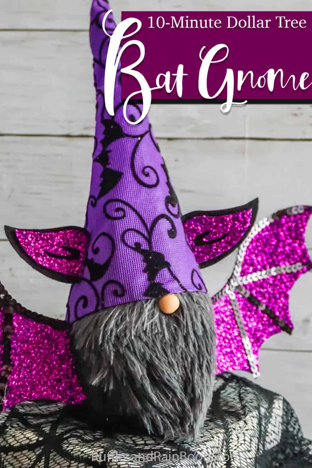 dollar store bat gnome with text which reads 10-minute dollar tree bat gnome