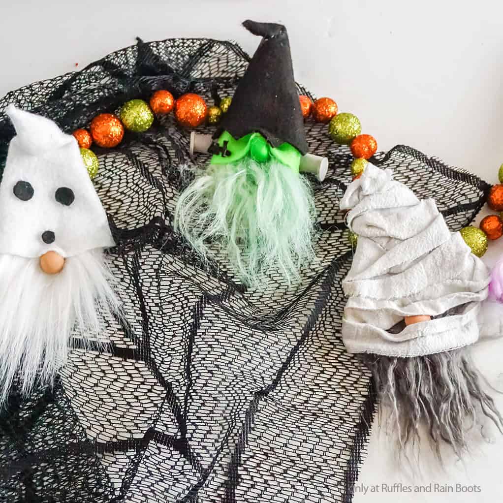 overhead view of easy gnome garland for halloween