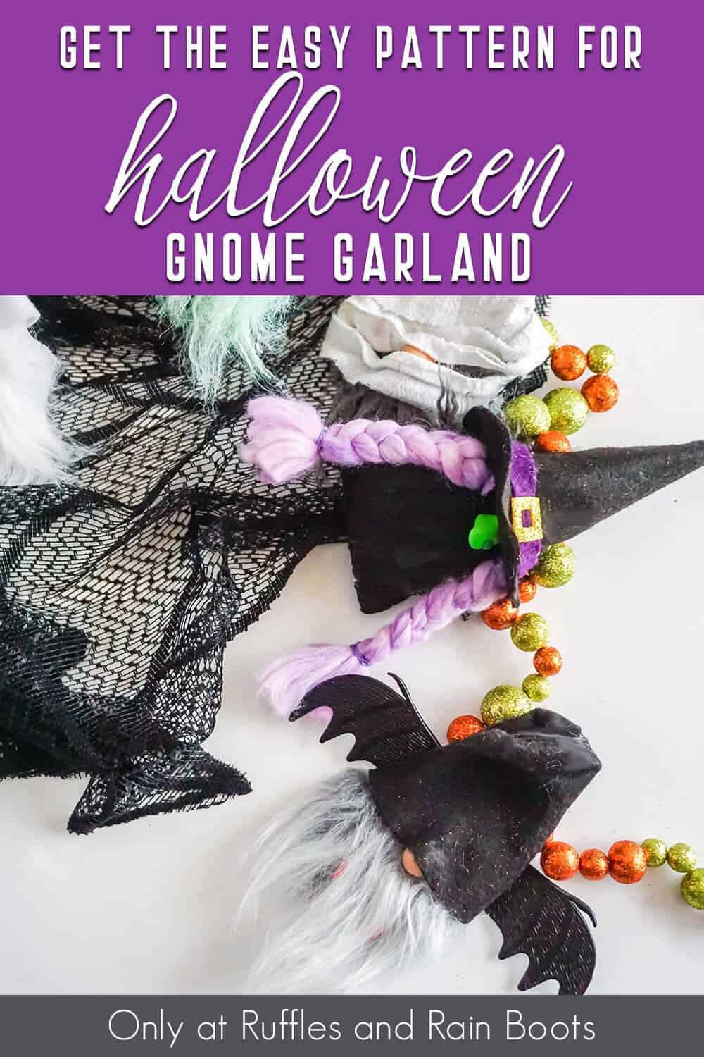 overhead view of easy halloween gnome pattern for a garland with text which reads get the easy pattern for halloween gnome garland