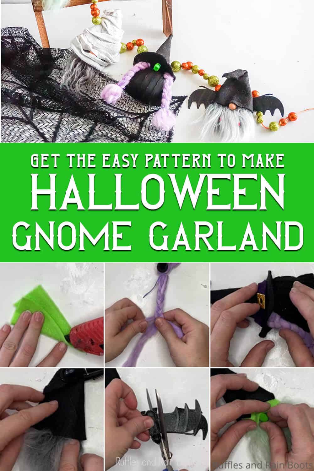 photo collage of easy farmhouse gnome for halloween with text which reads get the easy pattern to make halloween gnome garland