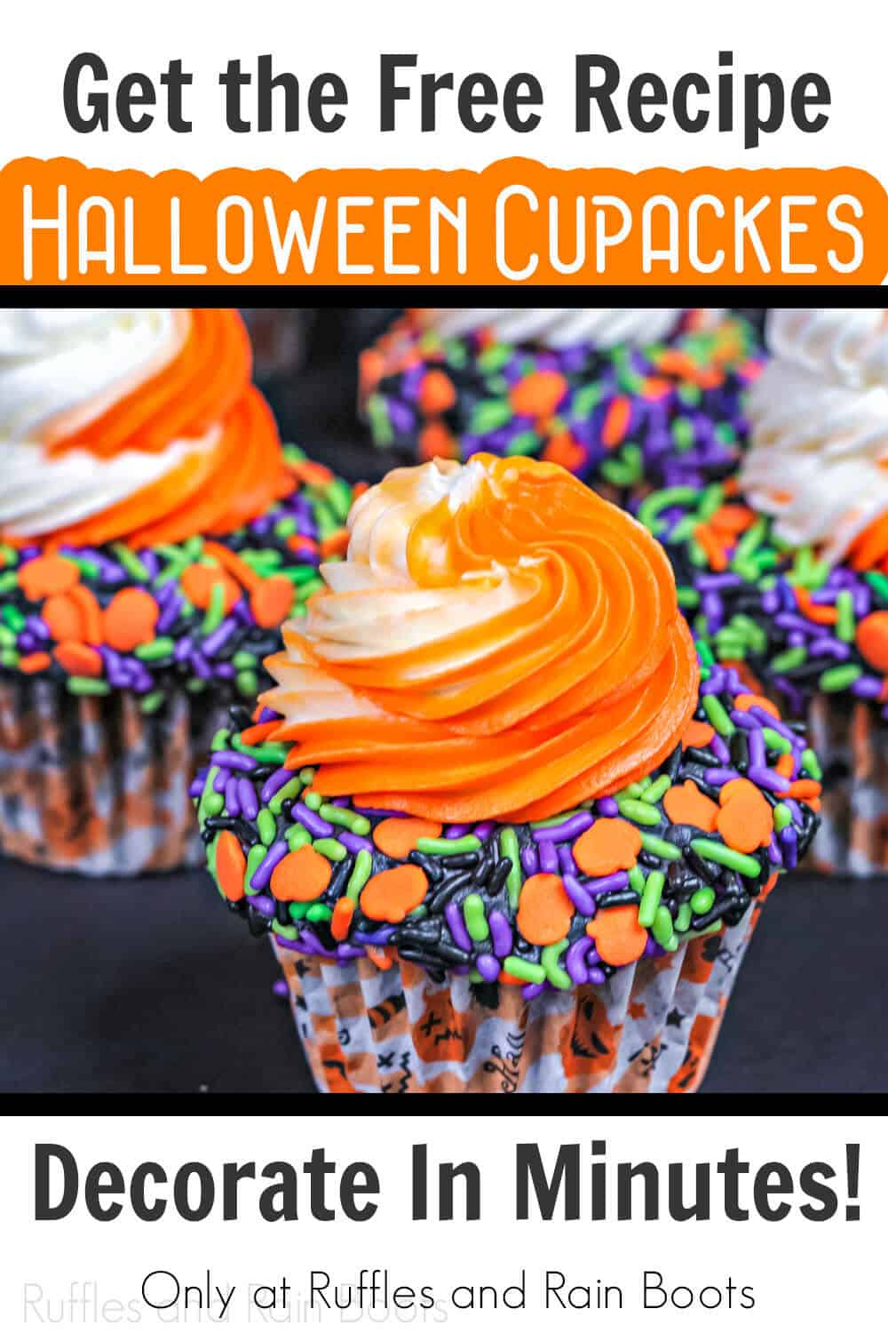 Vertical image of a Halloween cupcake decorating idea with orange and white frosting, a bed of sprinkles, and Jack O Lantern cupcake wrappers on black background.