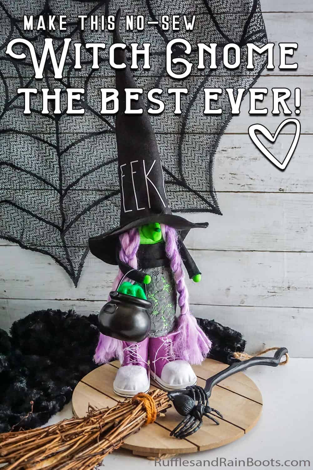 DIY no-sew gnome pattern for farmhouse halloween gnome with text which reads make this no-sew witch gnome the best ever!