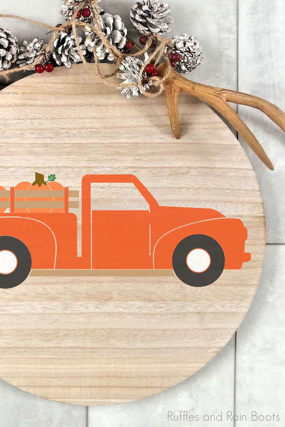 Fall farm truck SVG with pumpkins in the bed on a wood round sign made with Cricut.