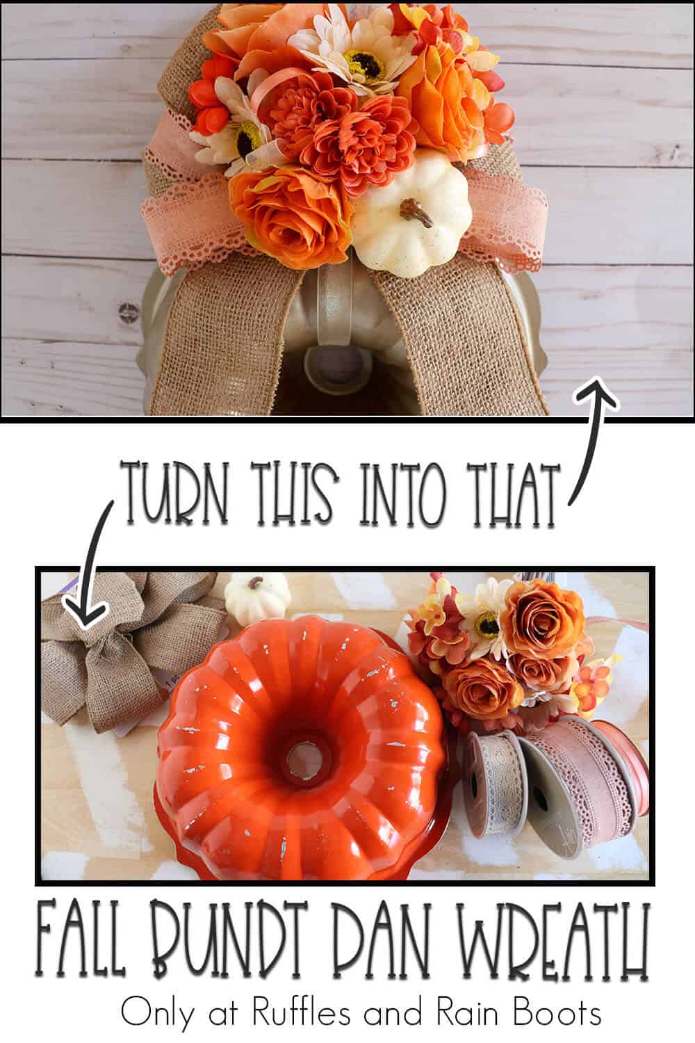 photo collage of easy seasonal wreath made with a baking pan with text which reads turn this into that fall bundt pan wreath