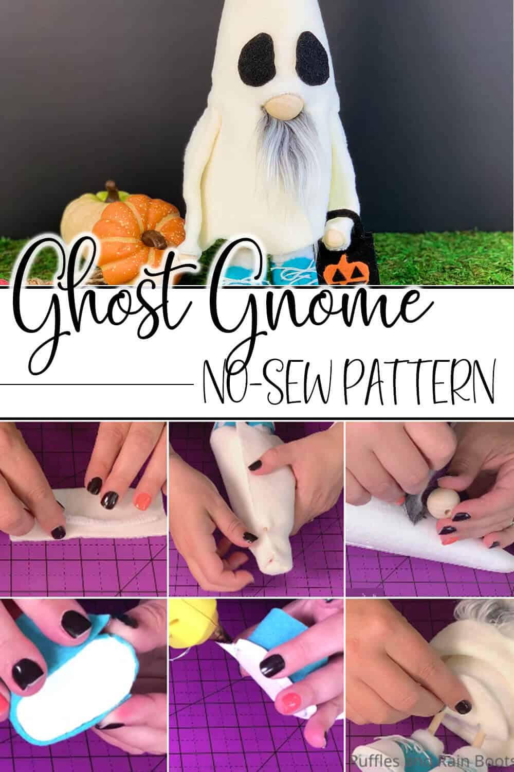 photo collage of easy halloween ghost gnome no-sew pattern with text which reads ghost gnome no-sew pattern