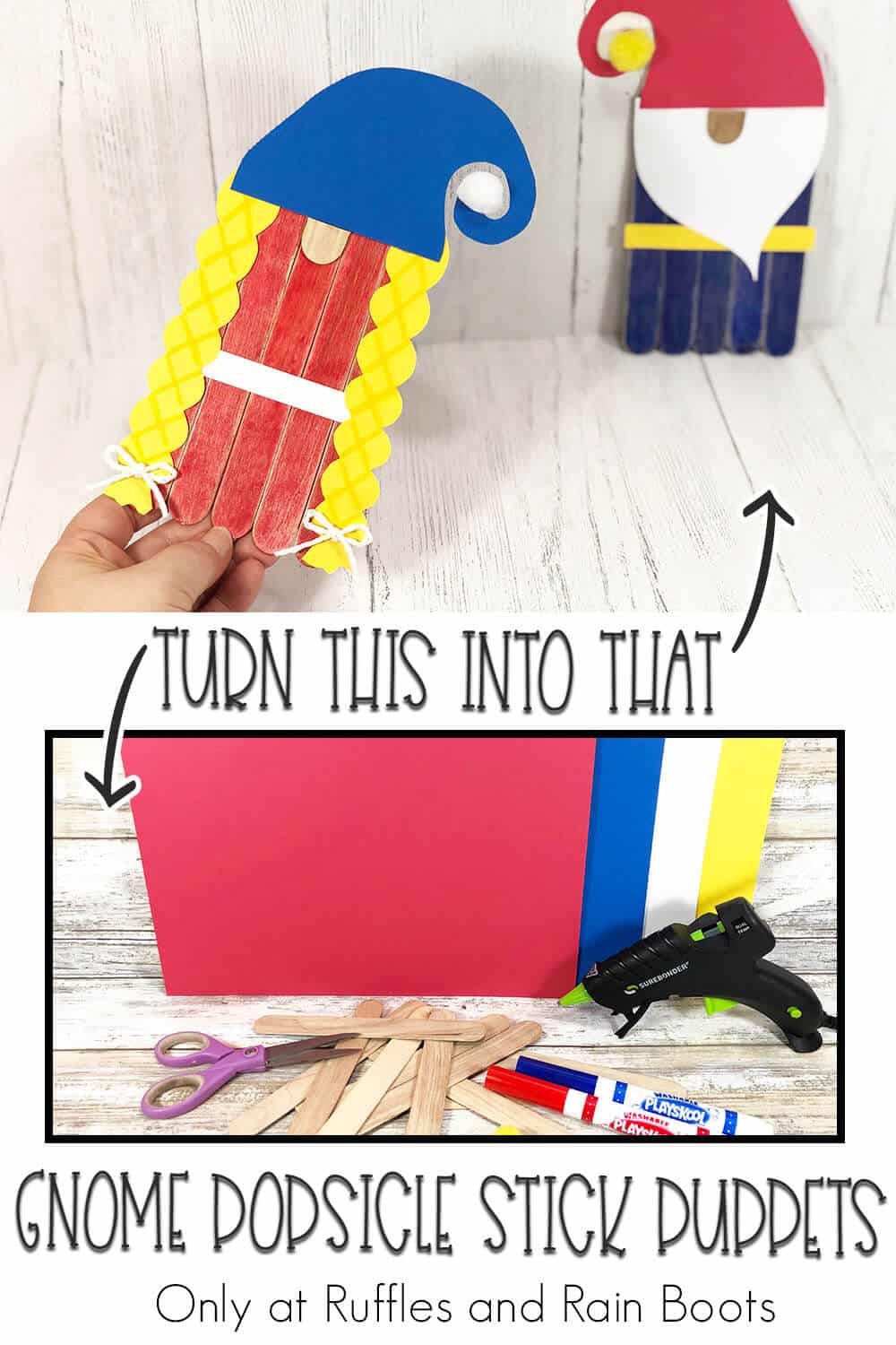 photo collage of easy kids craft gnome puppets from popsicle sticks with text which reads turn this into that gnome popsicle stick puppets