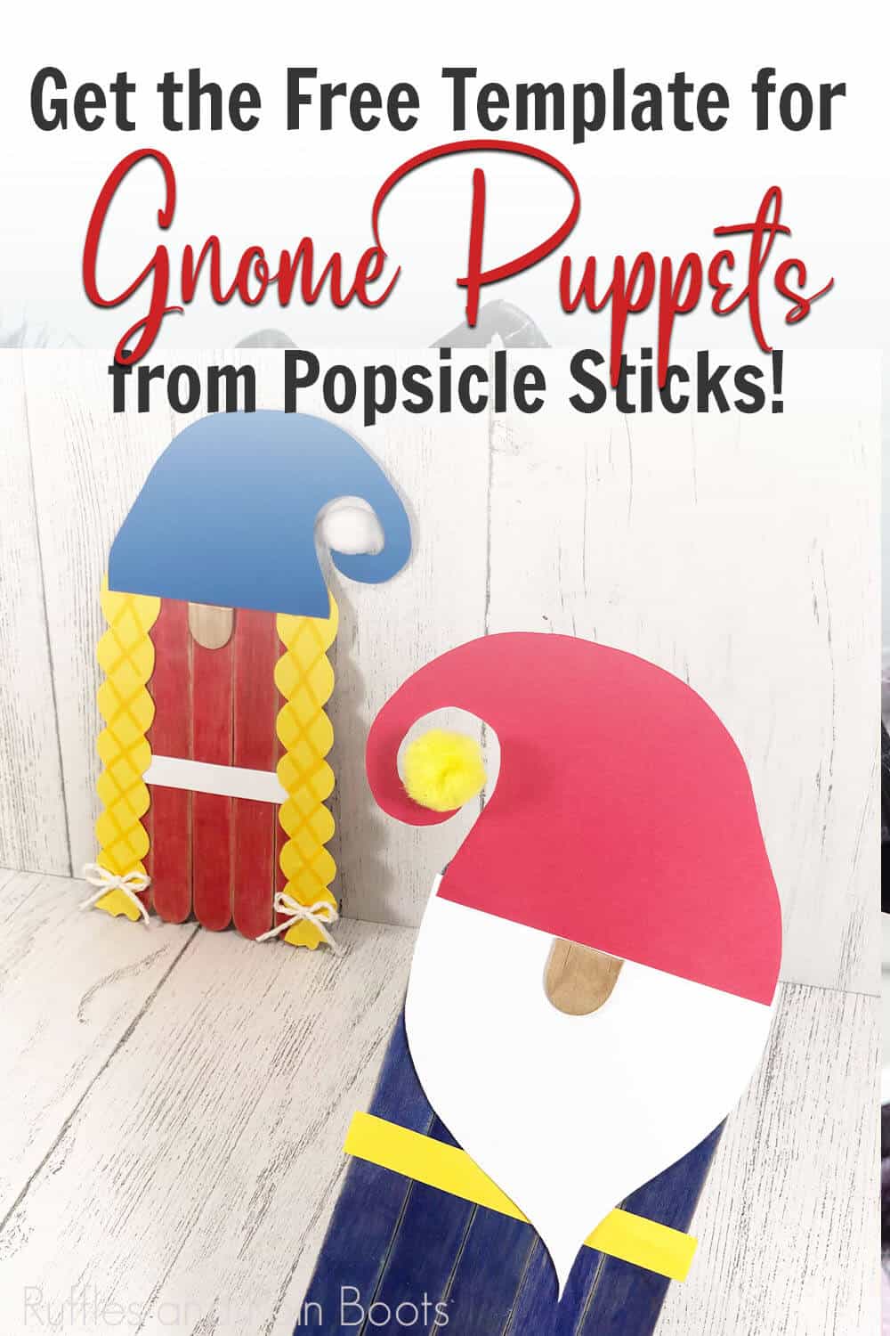 easy gnome craft for kids with text which reads get the free pattern for gnome puppets from popsicle sticks!