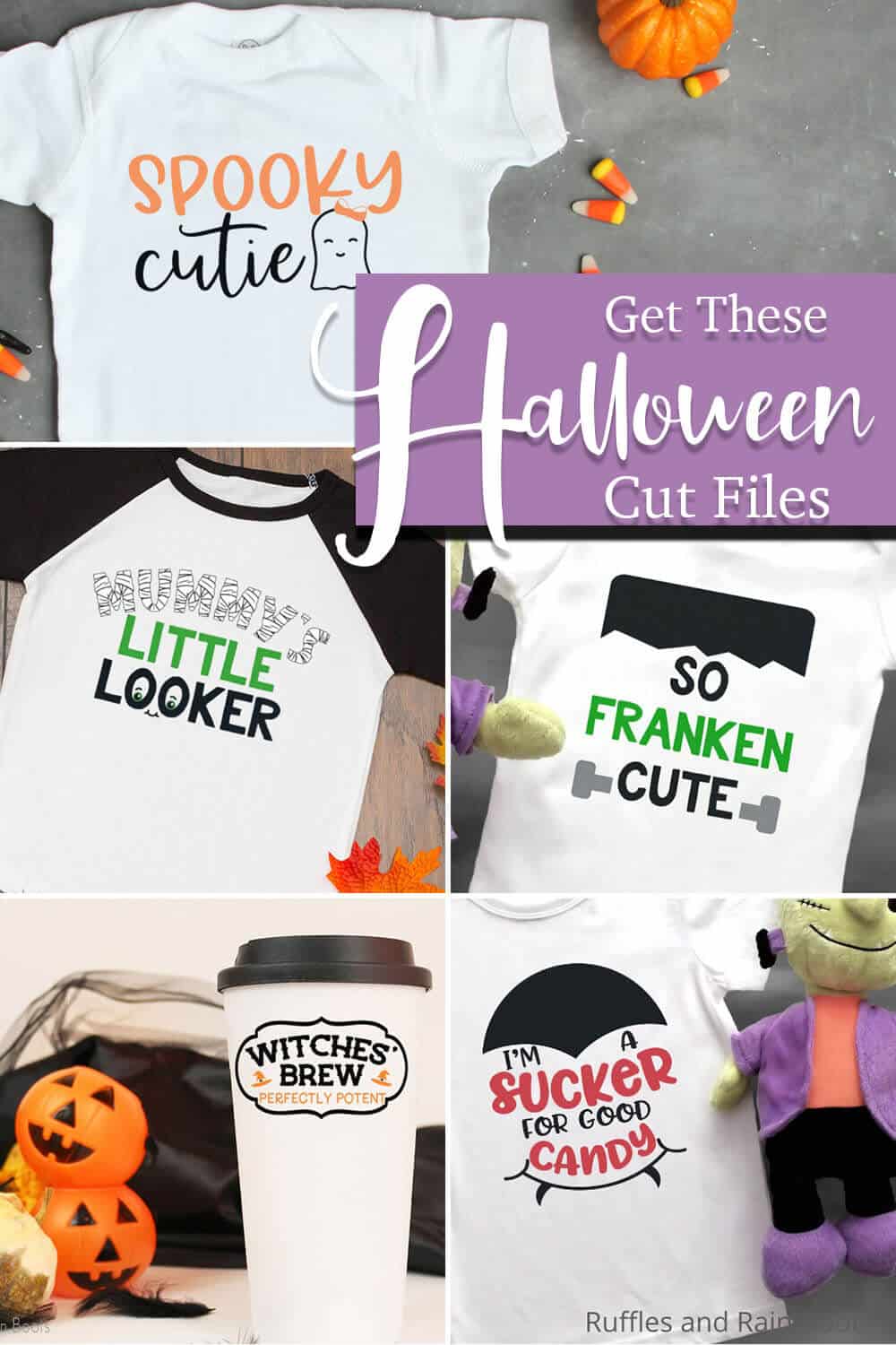 Vertical photo collage of t-shirts, body suits and cups with text which reads get these Halloween cut files.