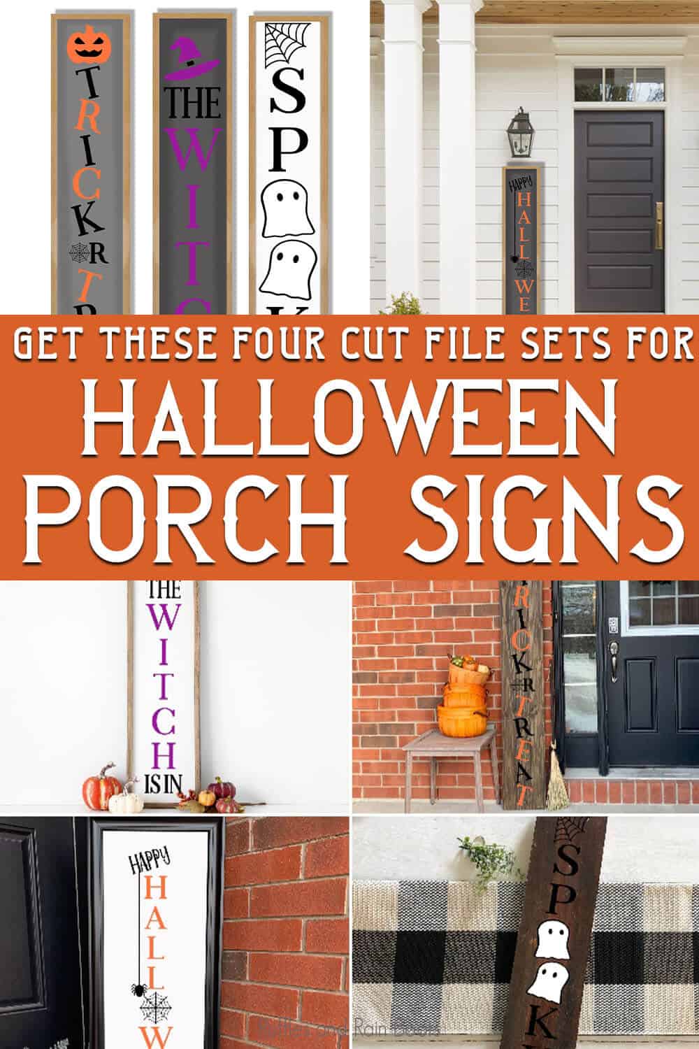 photo collage of easy halloween porch sign cut files for cricut with text which reads get these four cut file sets for halloween porch signs