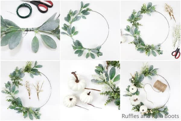 photo collage tutorial of how go make a minimalist fall wreath with pumpkins