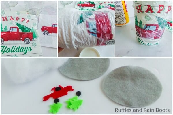 photo collage tutorial of how to make a christmas farm truck ornament kit in a jar mason jar gift idea