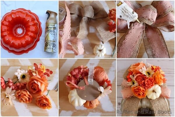 photo collage tutorial of how to make a fall wreath with a bundt pan