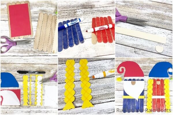 photo collage tutorial of how to make a gnome puppet from popsicle sticks