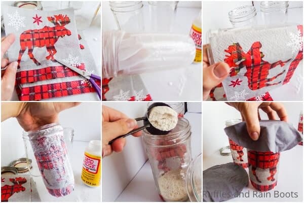 photo collage of how to make a moose tracks cookie mix in a jar gift