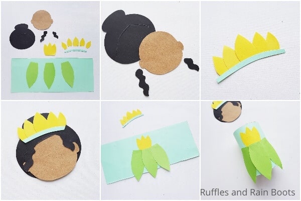 photo collage tutorial of how to make a princess tiana paper roll craft for the princess and the frog craft