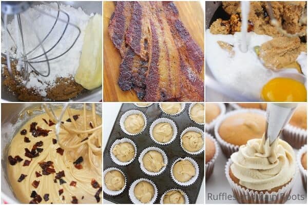 photo collage tutorial of how to make maple bacon cupcakes