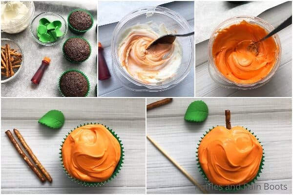 photo collage tutorial of how to make pumpkin cupcakes