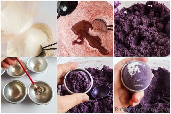 photo collage of how to make witches' brew bath bombs