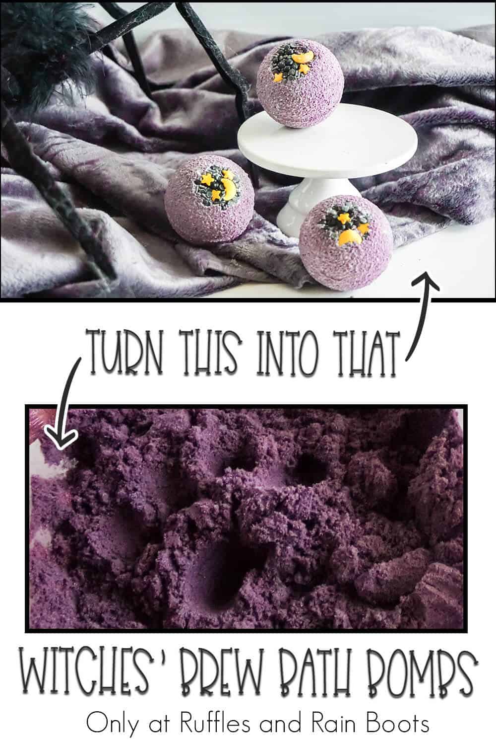 photo collage of how to make halloween bath bombs with text which reads turn this into that witches brew bath bombs