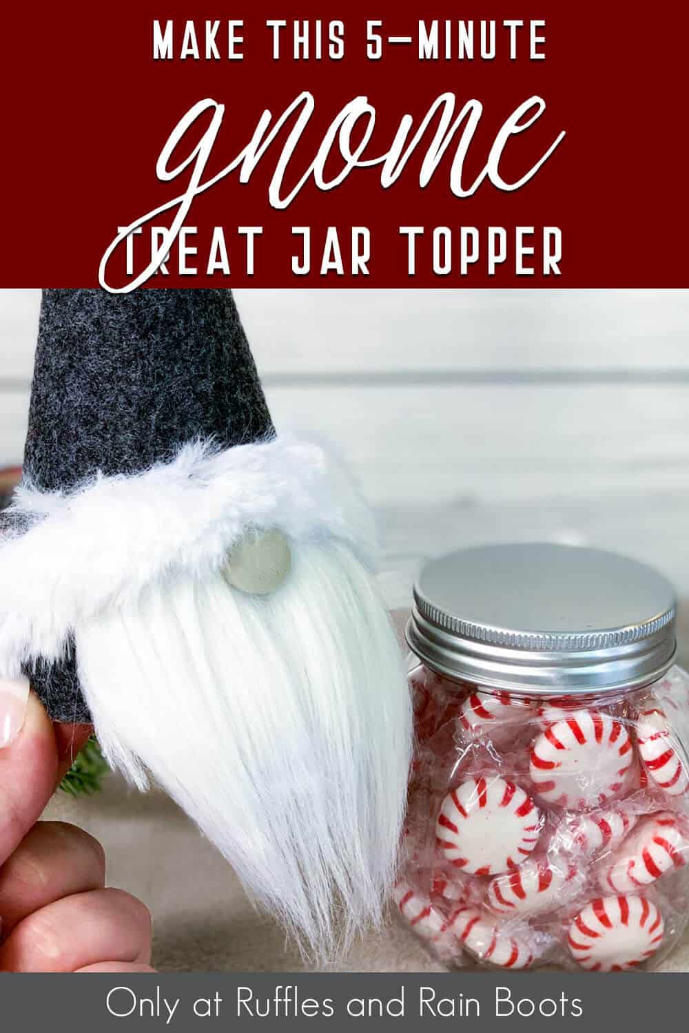 easy gnome candy jar lid craft with text which reads make this 5-minute gnome treat jar topper